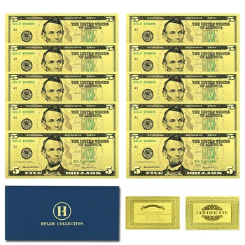 10vnt ir Voką JAV Doleris Aukso Folija Banknotų 5 USD Atminimo Uncurrency Dovanos, Kolekcionuojami daiktai