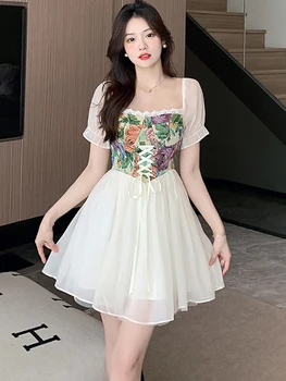 2023 Balta Kratinys Gėlių Lankas Tvarstis Mini Suknelė Vasaros Sluoksniuotos Rankovėmis Elegantiškos Nėrinių Aikštėje Apykakle Suknelė Moterims, Elegantiškas Y2k Prom Dress