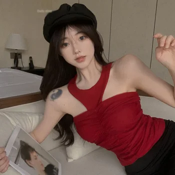Apynasrio Vientisos Spalvos Megztas Tees Naujų Moterų Backless Camisole Korėjos Versija Temperamentas Rankovių Merginos Trumpa Liemenė