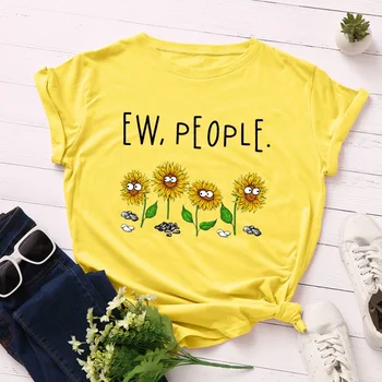 Juokingas Mielas Saulėgrąžų Gėlių Modelio Moterų Medvilnės Apvalios Kaklo trumpomis Rankovėmis T-shirt Mados Moterų Prarasti Plius Dydis Viršų