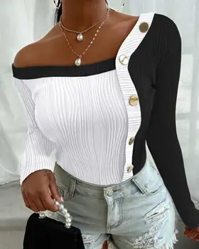 Moteris Mados Susegamas Tekstūra Viršuje Colorblock Asimetrinis Kaklo Dizaino Dienos Atsitiktinis Tee Moterų Liesas Long Sleeve T-Shirt