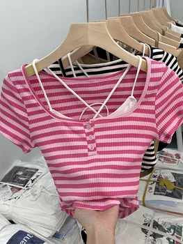 Moterų Rožinis Dryžuotas marškinėliai Harajuku Derliaus korėjos Y2k Pasėlių Viršų trumpomis Rankovėmis Kūdikiui Tee Mados 90s Estetinės Black Marškinėliai Vasarą