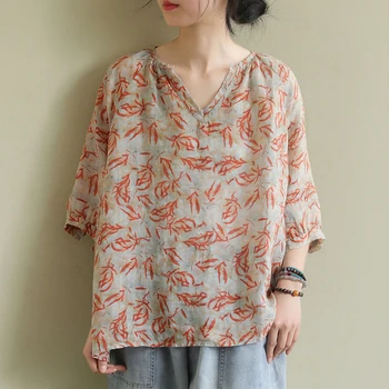 Moterų Vintage Marškinėliai Spausdinti Gėlių Pusė Rankovės Prarasti Minkštos Medvilnės Mišinys 2023 Pavasario Naujus Drabužius Moterų Tshirts
