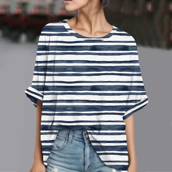 Striped Tee Patogiam T Marškinėliai Moterims Atsitiktinis Vasaros Viršūnės Apvalios Kaklo Trys Ketvirtį Negabaritinių Sporto Korėjos Versija