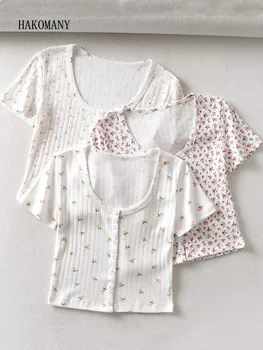 Vasarą Mergina Single-breasted Mygtuką Trumpi marškinėliai pasėlių viršuje Harajuku 70 Derliaus, O kaklo Gėlių Trumpas Rankovėmis Tee Base T-shirts